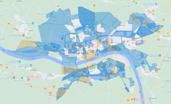 Mapa pokrycia Torunia planami miejscowymi.